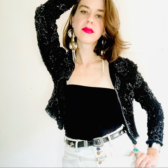 🔥SOLD🔥✨HP✨70s VTG Black Beaded Silk Cropped Bolero Jacket - Picture 5 of 5
